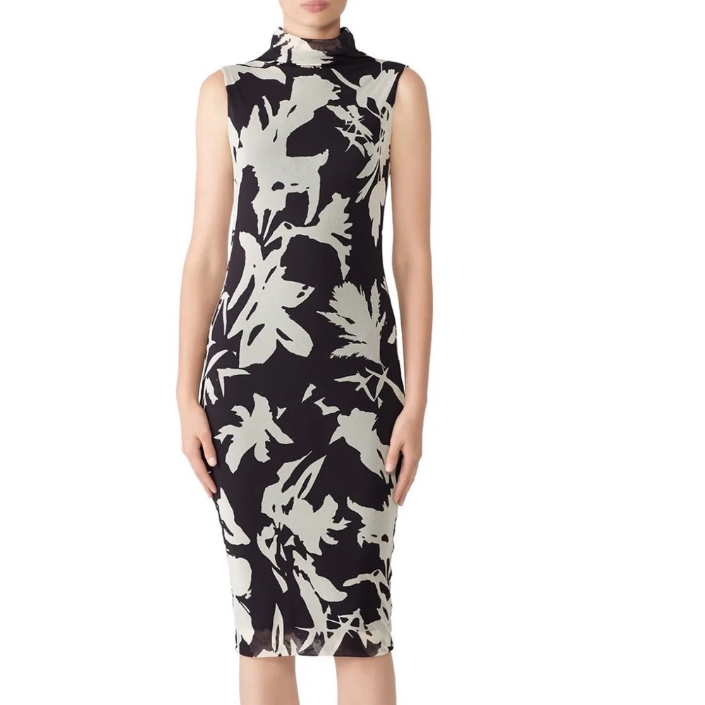 Fuzzi Ink Black and White Floral Midi Sheath Dress XS
